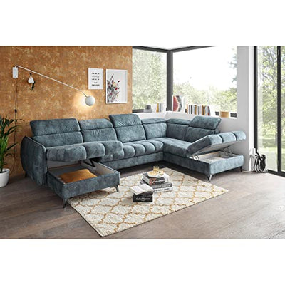 TOGO Wohnlandschaft in U-Form, Stoffbezug Smoke Blue - Ausziehbares Sofa mit Schlaffunktion, Bettkasten & verstellbaren Kopfteilen - 347 x 82 (99) x 221 cm (B/H/T)