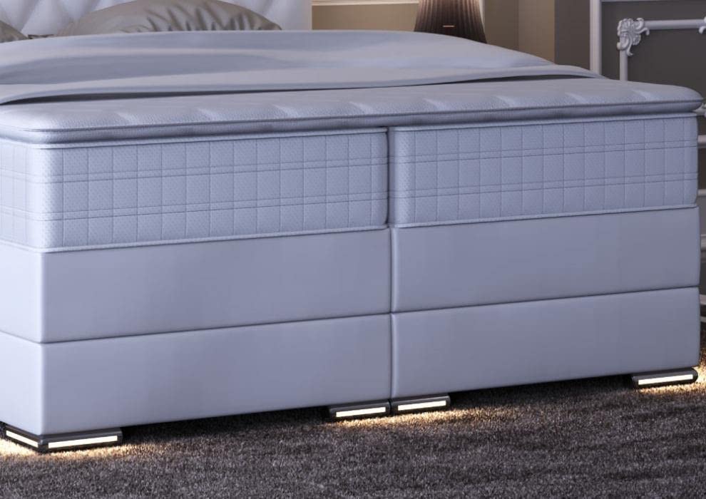 Baron Chesterfield Boxspringbett mit Bettkasten Weiß Kunstleder 180 x 200 cm/LED-Fuß