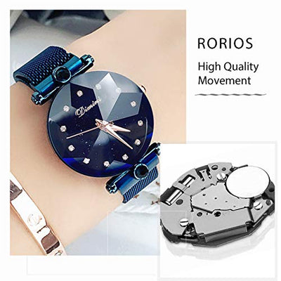 RORIOS Mode Damen Analog Quarzuhr Armbanduhren Mesh Armband Sternenklarer Himmel Simulierter Diamant Dial wasserdichte Armbanduhr Ladies Watches