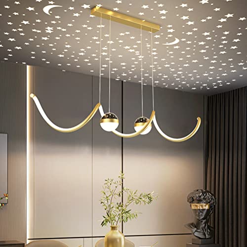 LED Hängelampe Pendelleuchte Esstisch Esszimmer Lampe Dimmbar Küchenlampe Hängend Leuchte Höhenverstellbar Wohnzimmer Büro Modern Wellen Design mit Sternen Himmel Projektion Deko Pendellampe (Gold)