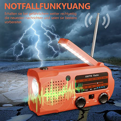 Linwtrid Solar Radio, Tragbar Kurbelradio Dynamo Radio mit AM/FM 5000mAh Akku Wiederaufladbare Powerbank Notfall-Radio LED Taschenlampe Leseleuchte für Wandern, Camping, Ourdoor, Notfall （Orange）