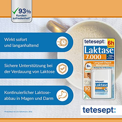 tetesept Laktase 7.000 – Laktasetabletten bei Laktoseunverträglichkeit – Nahrungsergänzungsmittel mit Sofortwirkung & 6h Langzeit-Depot – 1 Dose à 90 Stück