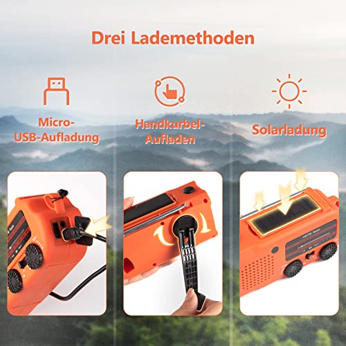 Linwtrid Solar Radio, Tragbar Kurbelradio Dynamo Radio mit AM/FM 5000mAh Akku Wiederaufladbare Powerbank Notfall-Radio LED Taschenlampe Leseleuchte für Wandern, Camping, Ourdoor, Notfall （Orange）