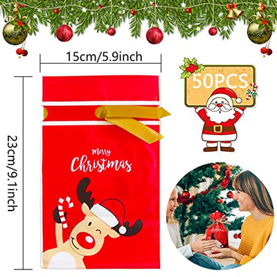 50 Stück Weihnachten Süßigkeiten Tüten, Weihnachten Geschenktüte, Weihnachten Geschenkbeutel mit Kordelzug, Geschenkverpackung Tasche Süssigkeiten Kekstüten, Wiederverwendbare Partytüten für Kinder