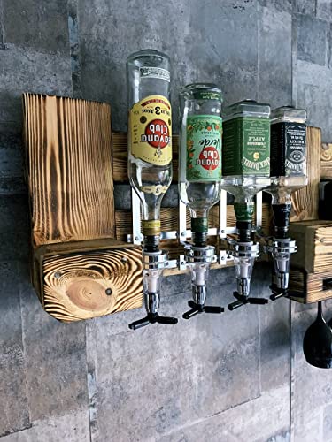 Rustikale Wand-Bar inkl. 4 Getränkespender 3cl - Personalisiertes Geschenk | 120cm Industrial Vintage Weinregal Flaschen-Regal | Platz für Spirituosen & Gläser | für Wein, Schnaps, Whisky Massiv