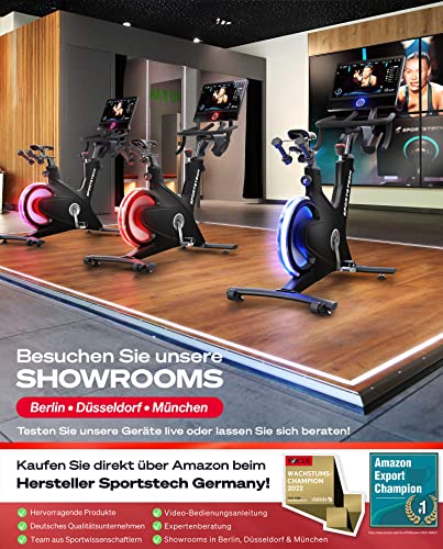 sBike Smart Indoor Cycling Bike, 21,5“ Touch Display, LED + Live & On Demand Kurse inkl. 1 Jahr Premium Mitgliedschaft im Wert von 360€ + großem Zubehör Bundle | Heimtrainer Sportstech Fitness Bike