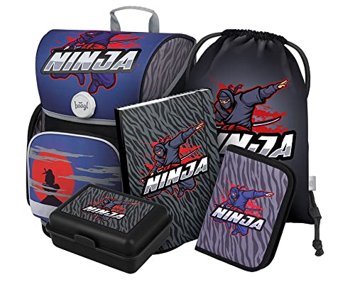 Baagl Schulranzen Jungen Set 5 Teilig, Ergo Schultasche ab 1. Klasse, Ergonomische Grundschule Ranzen mit Brustgurt (Ninja)