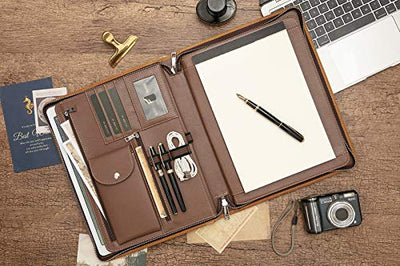 AZXCG Leder-Portfolio-Organizer-Ordner, Lebenslauf-Padfolio mit Reißverschluss für A4-Notebook, Tablet für iPad Pro 12.9 (2018 & 2020 & 2021), Büro/Weihnachtsgeschenke für Frauen/Männer