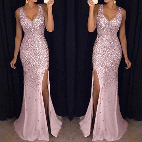 OPAKY Kleider für Frauen UK Pailletten Abschlussball Party Ballkleid Sexy Gold Abend Brautjungfer V-Ausschnitt Langes Kleid, rose, Small