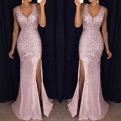 OPAKY Kleider für Frauen UK Pailletten Abschlussball Party Ballkleid Sexy Gold Abend Brautjungfer V-Ausschnitt Langes Kleid, rose, Small