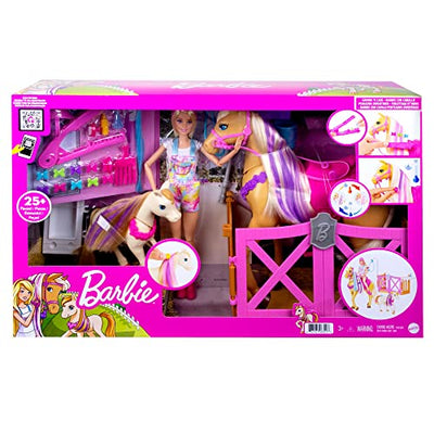 Barbie GXV77 - Frisier- und Reitspaß, Reitset mit Pferd, Pony, Puppe und über 20 Zubehörteilen, für Kinder ab 3 Jahren