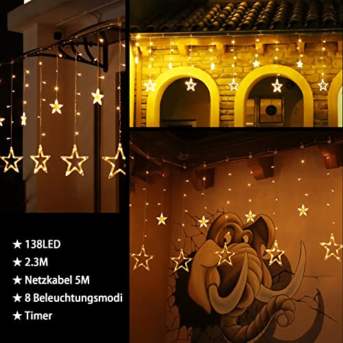 12 Sterne LED Lichterkette, Lichtervorhang weihnachtslichter Sternenvorhang 138 LEDs 8 Modi Für Innen Außen, Weihnachten, Party, Deko, Hochzeit, Garten, Balkon