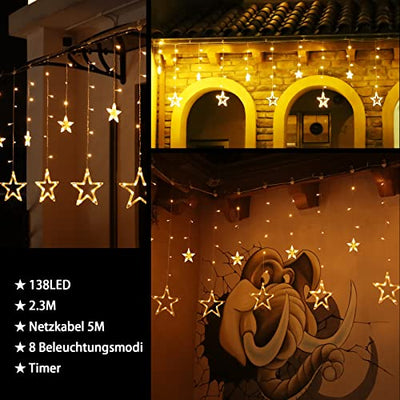 12 Sterne LED Lichterkette, Lichtervorhang weihnachtslichter Sternenvorhang 138 LEDs 8 Modi Für Innen Außen, Weihnachten, Party, Deko, Hochzeit, Garten, Balkon