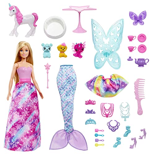 Barbie HGM66 - Dreamtopia Märchen-Adventskalender mit Barbie-Puppe und 24 Überraschungen, u. a. märchenhaften Outfits, Tieren und Zubehörteilen, für Kinder ab 3 Jahren