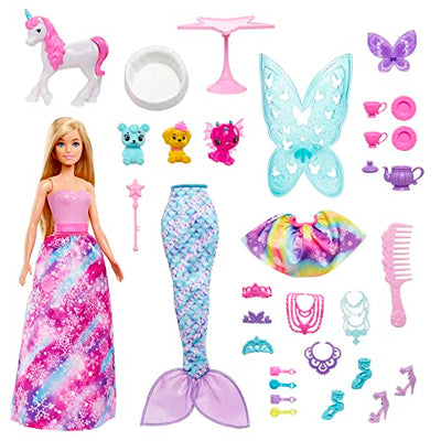 Barbie HGM66 - Dreamtopia Märchen-Adventskalender mit Barbie-Puppe und 24 Überraschungen, u. a. märchenhaften Outfits, Tieren und Zubehörteilen, für Kinder ab 3 Jahren