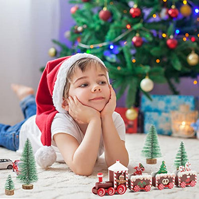 7 Stück Tischdeko Weihnachten Weihnachtszug Deko Holz-Eisenbahn Künstlicher Klein Weihnachtsbaum 5/10/15/20cm Miniatur Grün Mini Tannenbaum Weihnachtsdeko Tisch Geschenke für Weihnachten Neujahr