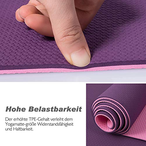 TOPLUS Gymnastikmatte, Yogamatte Yogamatte Gepolstert & rutschfest für Fitness Pilates & Gymnastik mit Tragegurt (Lila-Pink)