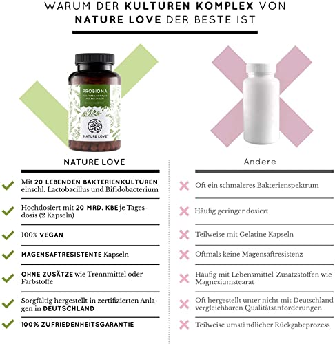 NATURE LOVE® Probiona Komplex - 20 Bakterienstämme + Bio Inulin - 180 magensaftresistente Kapseln - 2X hochdosiert: 20 Mrd KBE je Tagesdosis - Vegan, in Deutschland produziert