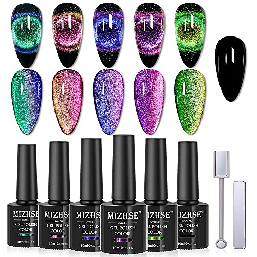 MIZHSE 9D Cat Eye Gelpoliermittel Set Chamäleon Magnetischer Gel Nagellack Tränken UV Gel Nagel Maniküre Kit 6 Farben 10ml (0,33fl oz)