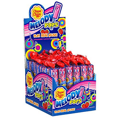 Chupa Chups Melody Pops, 48er Thekendisplay, fruchtige Erbeer-Lollis in Flötenform zum Musik spielen