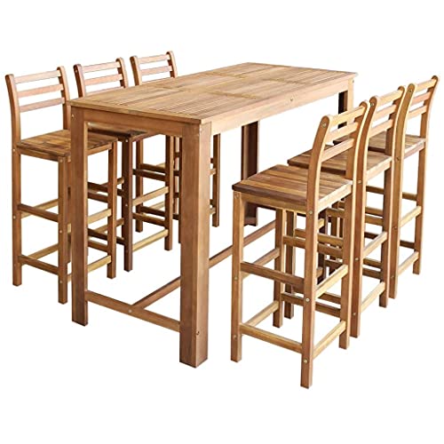 lyrlody- Set aus Tisch und Barhocker, 7-teilig, Couchtisch, Massivholz, Akazienholz, mit Öl-Finish, robust und wasserdicht, 150 x 70 x 105 cm + 42 x 36 x 110 cm