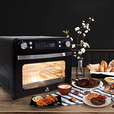 25 L Heißluftfritteuse, Heißluft-Backofen 1700W mit 9 Programmen, 25 L Kapazität, 5 Zubehör, mit LED-Display, Temperaturregelung und Timer (25L-schwarz-Doppelknopf)