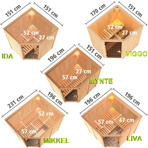 HORI® Traditionelle Sauna Ecksauna mit Ofen | 3,6 kW Finnish + int. Strg I 151 x 151 cm - Ida