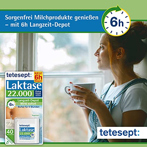 tetesept Laktase 22.000 – Laktasetabletten bei Laktoseunverträglichkeit – Nahrungsergänzungsmittel mit Sofortwirkung & 6h Langzeit-Depot – 1 Dose à 40 Stück