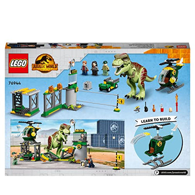 LEGO 76944 Jurassic World T. Rex Ausbruch, Dinosaurier Spielzeug ab 4 Jahre, Set mit Figur, Hubschrauber, Flughafen und Spielzeugauto