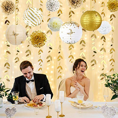 Weißgold Partydekoration, Laternen für Blumen Pom Pom Pom mit Aufklebern Schmetterling 3D Girlande Blätter für Hochzeit Verlobung Dusche Junggesellinnenabschied Party Dekoration