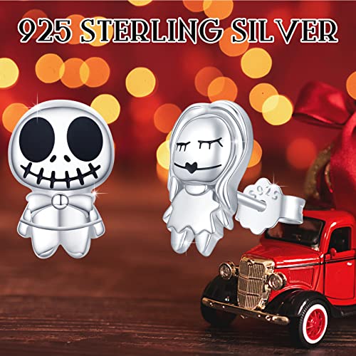 SOESON Totenkopf Ohrringe Weihnachtsohrringe,Jack Skellington und Sally Ohrringe 925 Sterling Silber Albtraum Vor Halloween Ohrringe Schmuck Geschenk für Ostergeschenke Damen