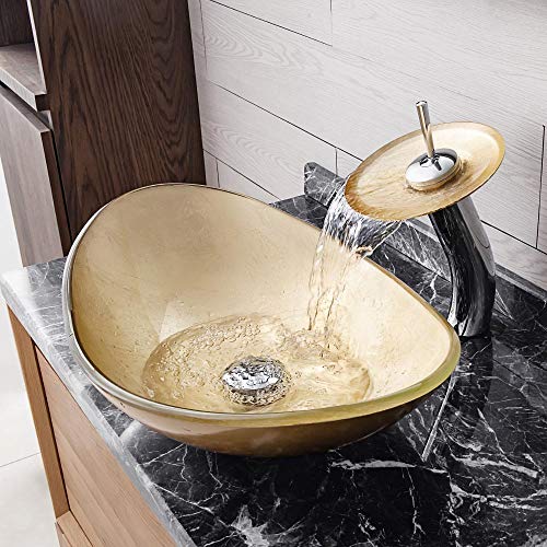 HomeLava Glas Waschbecken Set Aufsatz-Waschbecken Handwaschbecken Waschtisch mit Wasserfall Wasserhahn Oval Golden