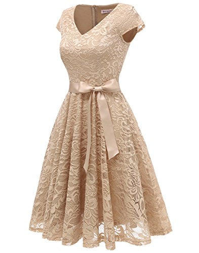 BeryLove Damen V-Ausschnitt Kurz Brautjungfer Kleid Cocktail Party Floral Kleid BLP7006ChampagneL