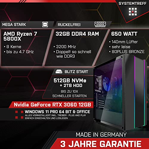 SYSTEMTREFF® Gaming PC AMD Ryzen 7 5800X 8x4.7GHz | Nvidia GeForce RTX 3060 12 GB DX12 | 512GB M.2 NVMe + 2TB HDD | 32GB DDR4 RAM | Windows 11 | Desktop Computer Rechner für Gamer, Zocker & Streamer