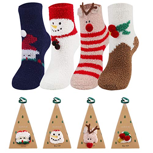 Joyibay 4 Paare Weihnachtssocken, Atmungsaktiv Weihnachten Socken Damen Warme Wintersocken mit Geschenkbox Socken Kuschelsocken für die Weihnachtszeit