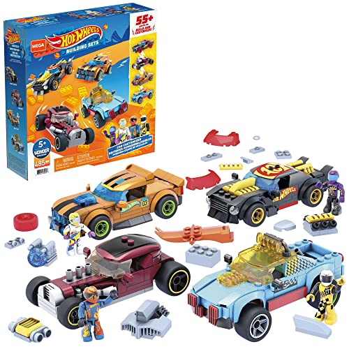 MEGA Construx GVM13 - Hot Wheels Rennwagen Spielzeug-Set, Bauset, 485 Teile, 4 Fahrzeuge, Rally Cat, Dawgzilla, Night Shifter und Mod Rod, 4 bewegliche Mikro-Actionfiguren, für Kinder ab 5 Jahren