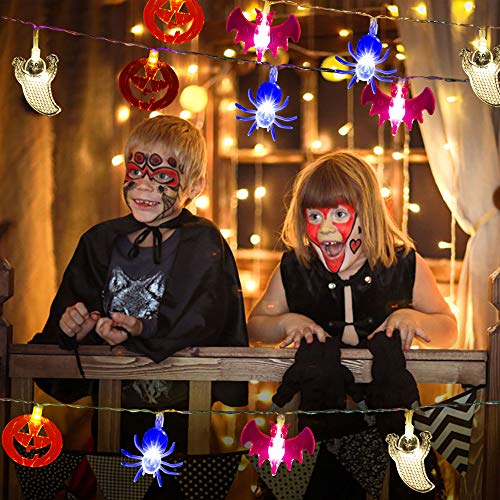 WUJUN Halloween-Lichterkette 2m 20LEDs, Kürbisse, Geister, Fledermäuse, Spinne, batteriebetrieben, Lichterkette für Fenster, Veranda, Treppen, Bar, Halloween, Dekorationen