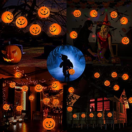 Qedertek Halloween Deko Garten, Kürbis Lampion mit batterie, 20cm Orange Papierlaterne mit Kürbismuster, Halloween Papier Lampion für kinder, Halloween Lampion Mit Haken deko für Traufe (4 Pack)