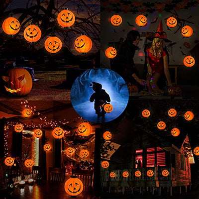 Qedertek Halloween Deko Garten, Kürbis Lampion mit batterie, 20cm Orange Papierlaterne mit Kürbismuster, Halloween Papier Lampion für kinder, Halloween Lampion Mit Haken deko für Traufe (4 Pack)