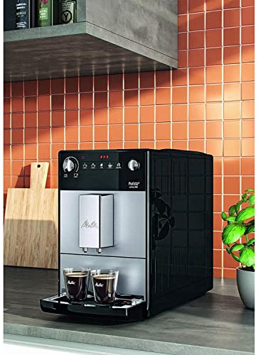 Melitta Purista F 230-101 Kaffeevollautomat mit flüsterleisem Kegelmahlwerk (Direktwahltaste, 2-Tassen Funktion, 20 cm Breite, entnehmbare Brühgruppe) silber/schwarz