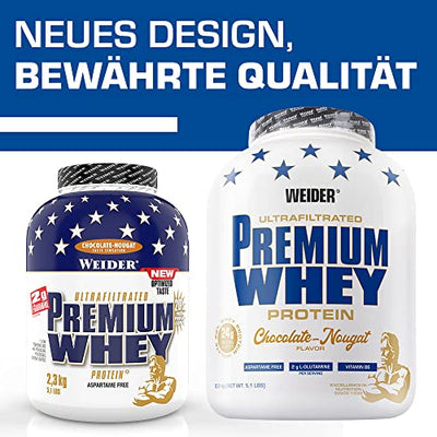 Weider Premium Whey Protein Pulver, hochwertiges Eiweißpulver mit Whey Isolat zum Muskelaufbau mit hohem Anteil an EAA, BCAA und freiem L-Glutamin, perfekte Löslichkeit – Erdbeer-Vanille, 2,3kg