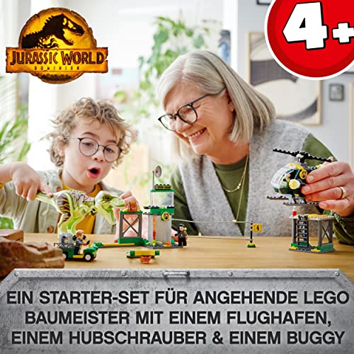 LEGO 76944 Jurassic World T. Rex Ausbruch, Dinosaurier Spielzeug ab 4 Jahre, Set mit Figur, Hubschrauber, Flughafen und Spielzeugauto