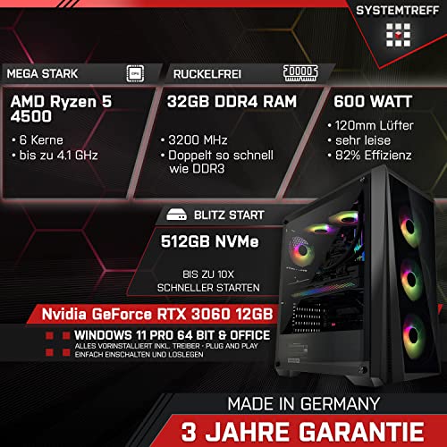 SYSTEMTREFF® Gaming PC AMD Ryzen 5 4500 6x4.1GHz | Nvidia GeForce RTX 3060 12 GB DX12 | 512GB M.2 NVMe | 32GB DDR4 RAM | Windows 11 | WLAN Desktop Computer Rechner für Gamer, Zocker & Streamer