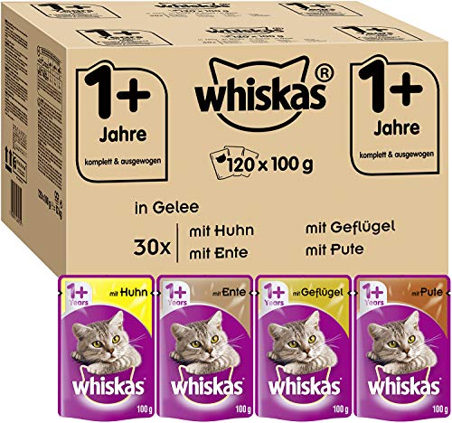 Whiskas 1 + Katzenfutter – Geflügel-Auswahl in Gelee – Hochwertiges Feuchtfutter für ausgewachsene Katzen – 120 Portionsbeutel à 100g