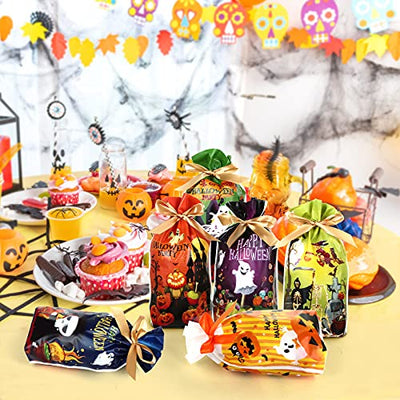 LIHAO 56 Stück Halloween Süßigkeiten Tüten Geschenkbeutel mit Kordelzug Partytüten Kunststoff Geschenktüten Candy Tüten für Halloween Mitgebsel Partyzubehör