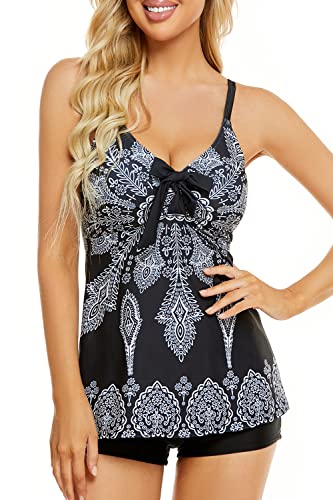 Breampot Tankini Damen Bauchweg Bedruckter Bademode Zweiteiler Badeanzug Push Up Swimsuit Beachwear (XX-Large, Stil 1 Schwarz)