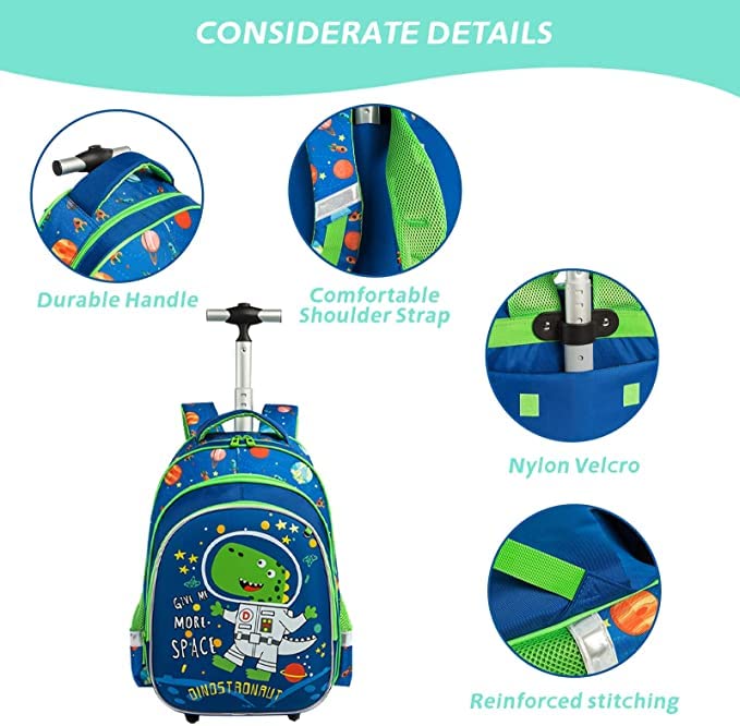 Amythe Kinderrucksack Jungen Schulranzen Trolley, Schultaschen-Sets Jungen mit Lunch Tasche Mäppchen Cartoon Gedruckt Hartschalen Dinosaurier Rucksack mit Rollen für 1 2 3 4 5 klasse