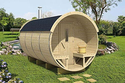 FinnTherm Fass-Sauna Levi aus Holz mit 42 mm Wandstärke besondere Dachform