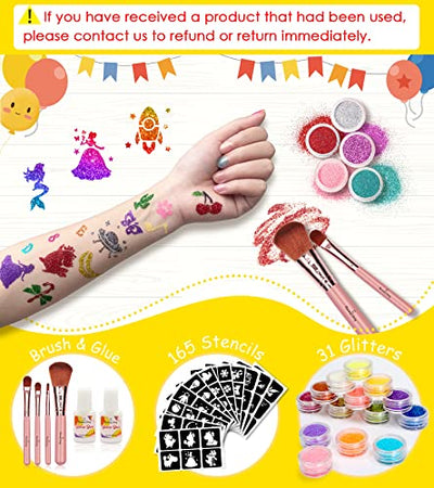 Glitzer Tattoo Set Mädchen Weihnachtsgeschenke, Eleanore's Diary 31 Farben Temporäre Tattoo Glitzer für Kinder, Glitzer Make Up Kit Kinder Erwachsene,165 Schablonen,4 Pinsel 2 Kleber, Geschenk Mädchen