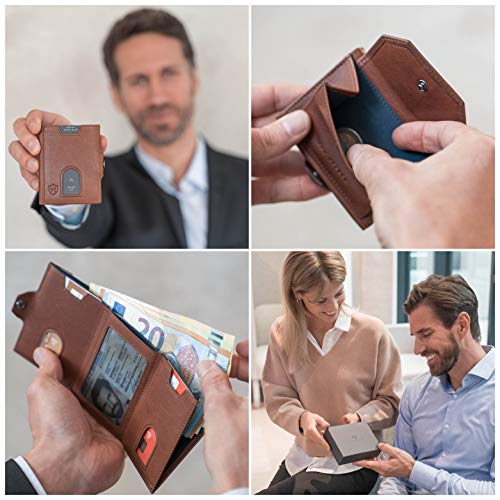 VON HEESEN® Slim Wallet mit XL Münzfach und RFID-Schutz I Leder Geldbeutel I Mini Geldbörse für Herren und Damen I Kartenetui Echtleder Karten Portemonnaie klein I Kreditkartenetui Cognac-Braun